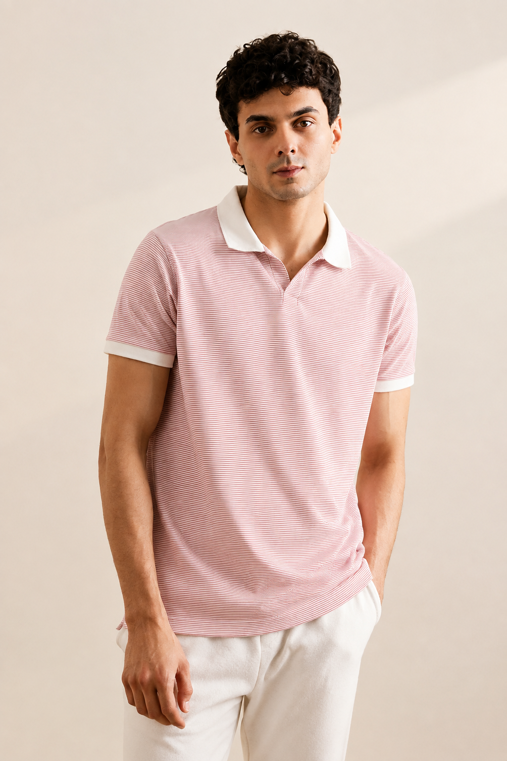 white with coral pink Striper Polo For Men