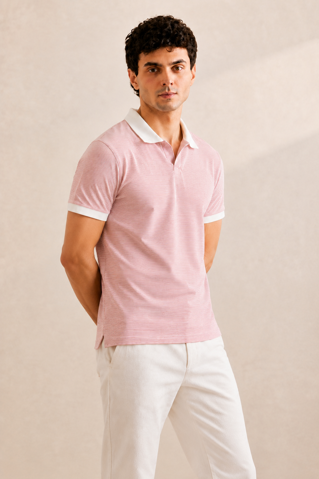white with coral pink Striper Polo For Men