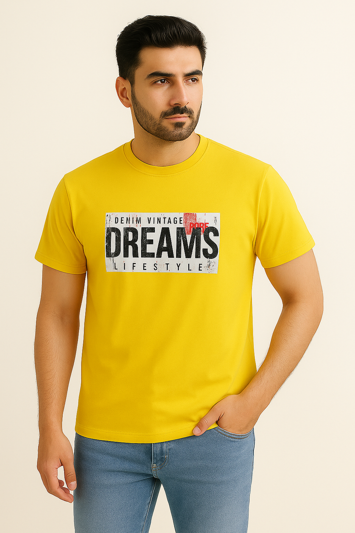 YELLOW "DREAMS" PRINT T-SHIRT FOR MEN