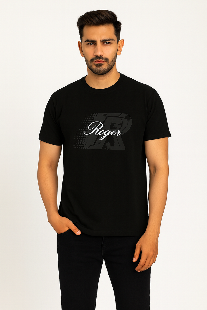 BLACK "R ROGER" PRINT T-SHIRT FOR MEN