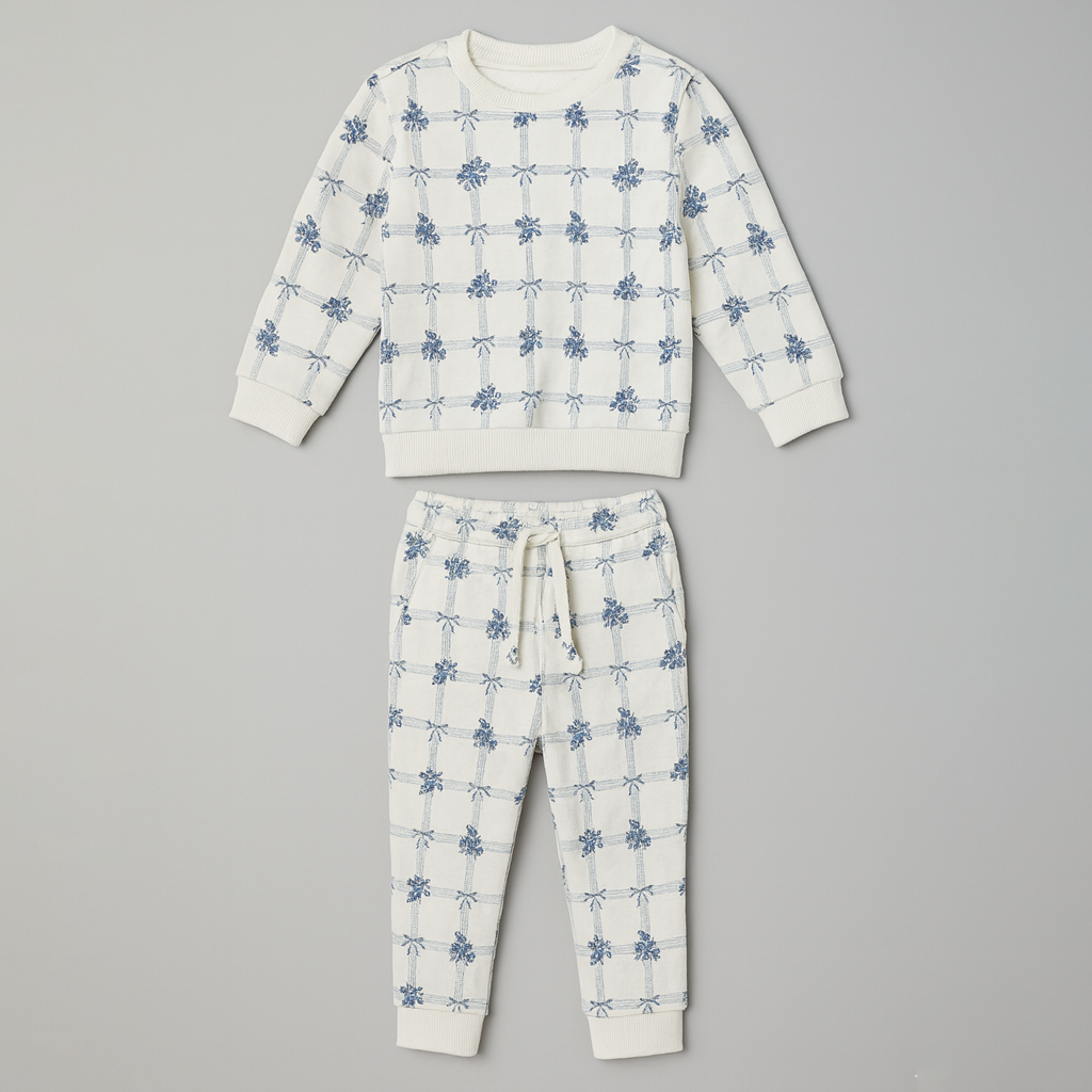 White Bow & Flowers Jersy Fabric Suit For Winters