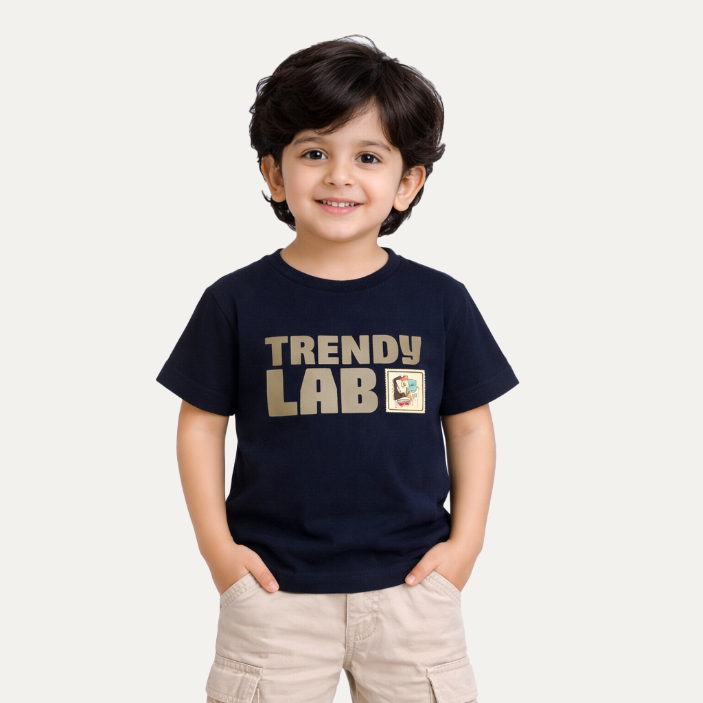 Navy Blue Trendy Lab Print Half Sleeves T-Shirt For Boys Main image