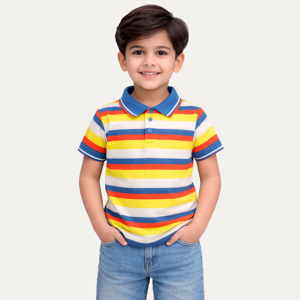 White Yellow Peach Stripes Polo For Boys