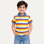 White Yellow Peach Stripes Polo For Boys