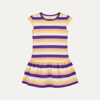 White Purple Yellow Stripes Frock With Hair Band For Girls