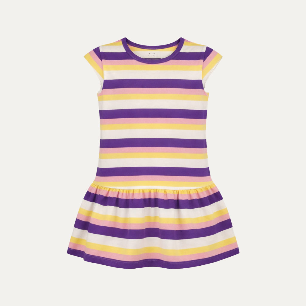 White Purple Yellow Stripes Frock With Hair Band For Girls