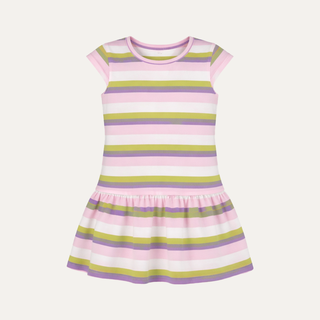 Pink Purple Green Stripes Frock With Hair Band For Girls
