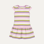 Pink Purple Green Stripes Frock With Hair Band For Girls
