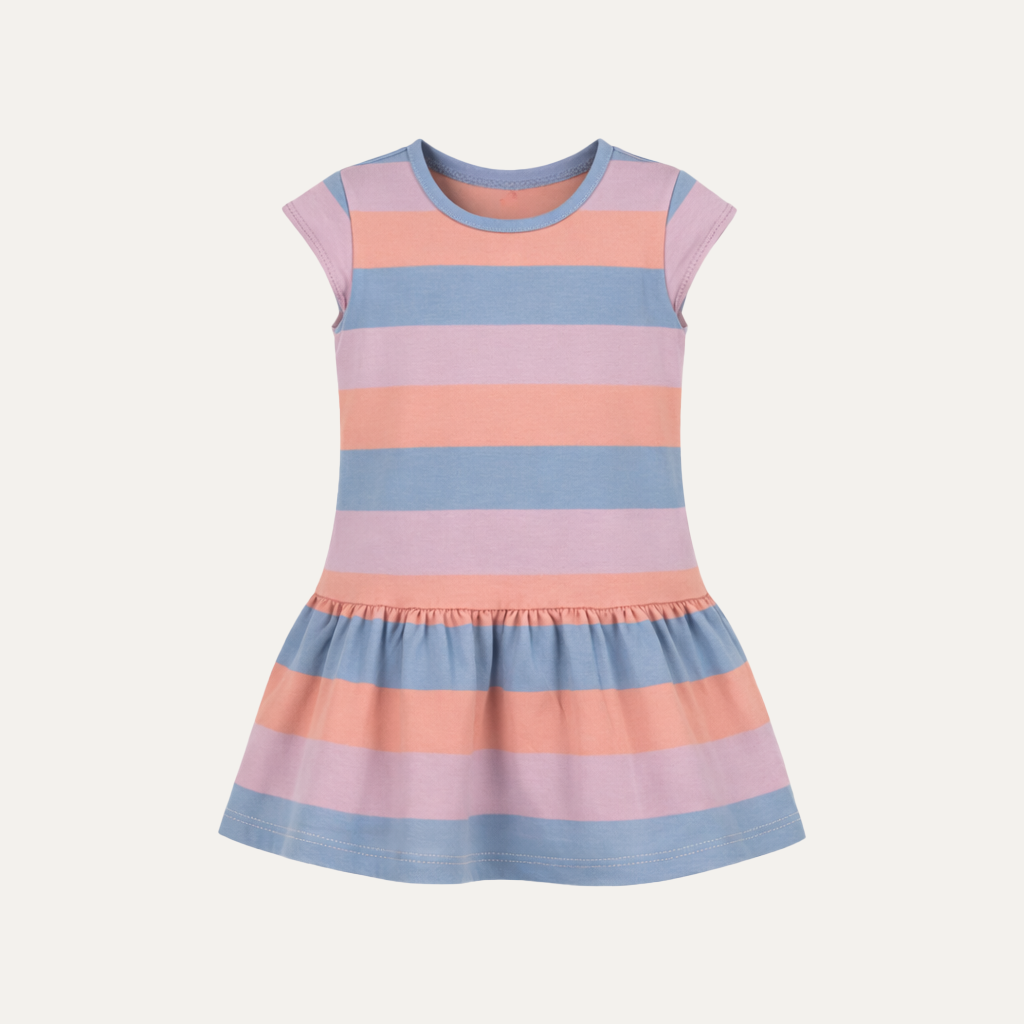 Purple Peach Blue Stripes Frock With Hair Band For Girls