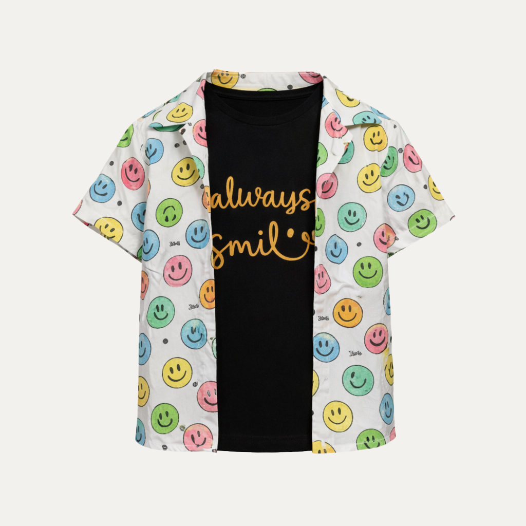 White Smile Emoji Print Casual Shirt For Boys Secondary image
