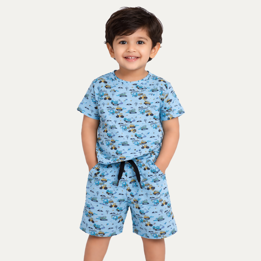 Blue Escavators Print Cotton Jersy Suit For Boys