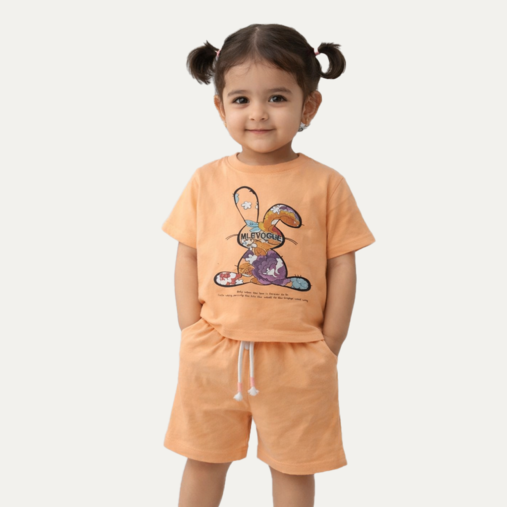 Peach Rabbit Print Cotton Jersy Fabric Suit For Girls Main image