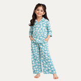 Sky Blue Flowers Print Co-ord Ribbed Fabric Suit For Girls