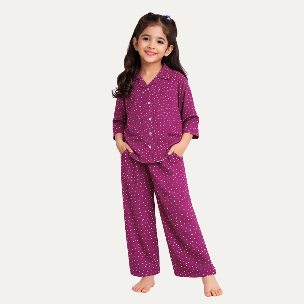 Purple Dots Print Co-ord Ribbed Fabric Suit For Girls