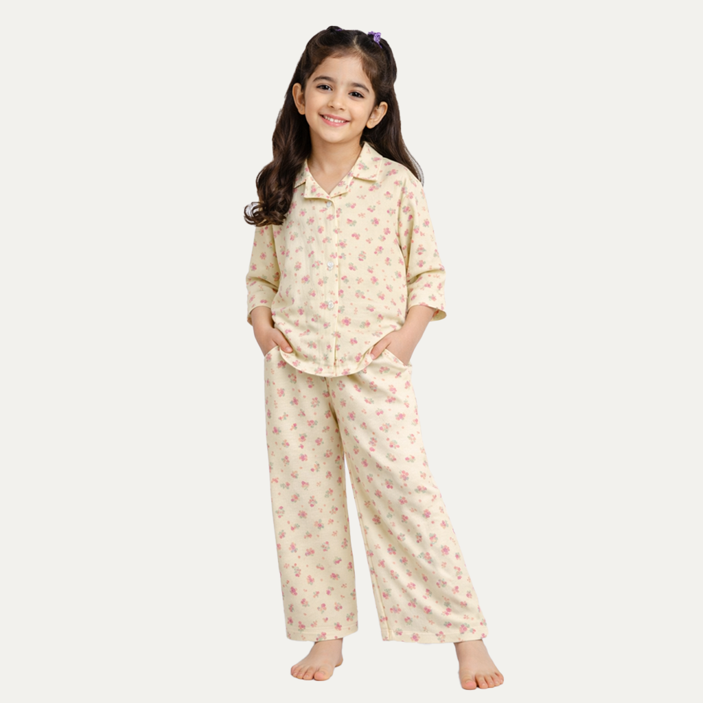 Yellow Flowers Print Co-ord Ribbed Fabric Suit For Girls