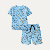 Blue Escavators Print Cotton Jersy Suit For Boys