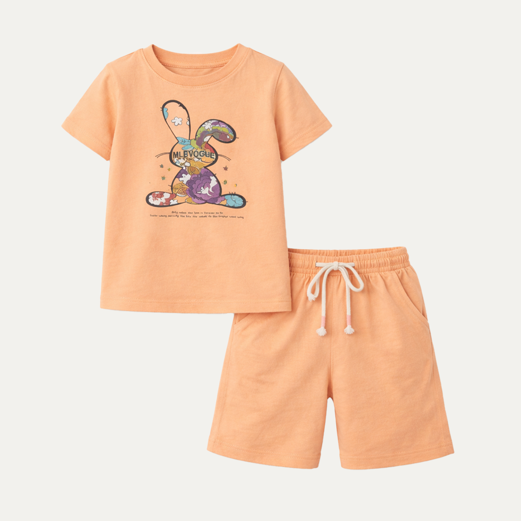 Peach Rabbit Print Cotton Jersy Fabric Suit For Girls Secondary image