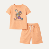 Peach Rabbit Print Cotton Jersy Fabric Suit For Girls