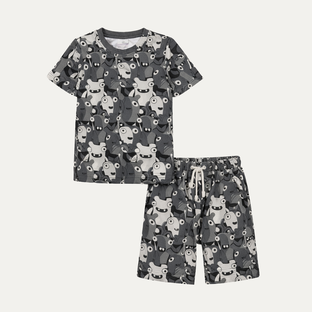 Grey Cartoon Print Cotton Jersy Suit For Boys