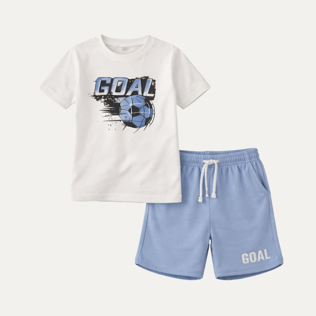 White "Blue Goal" Print Cotton Jersy Suit For Boys