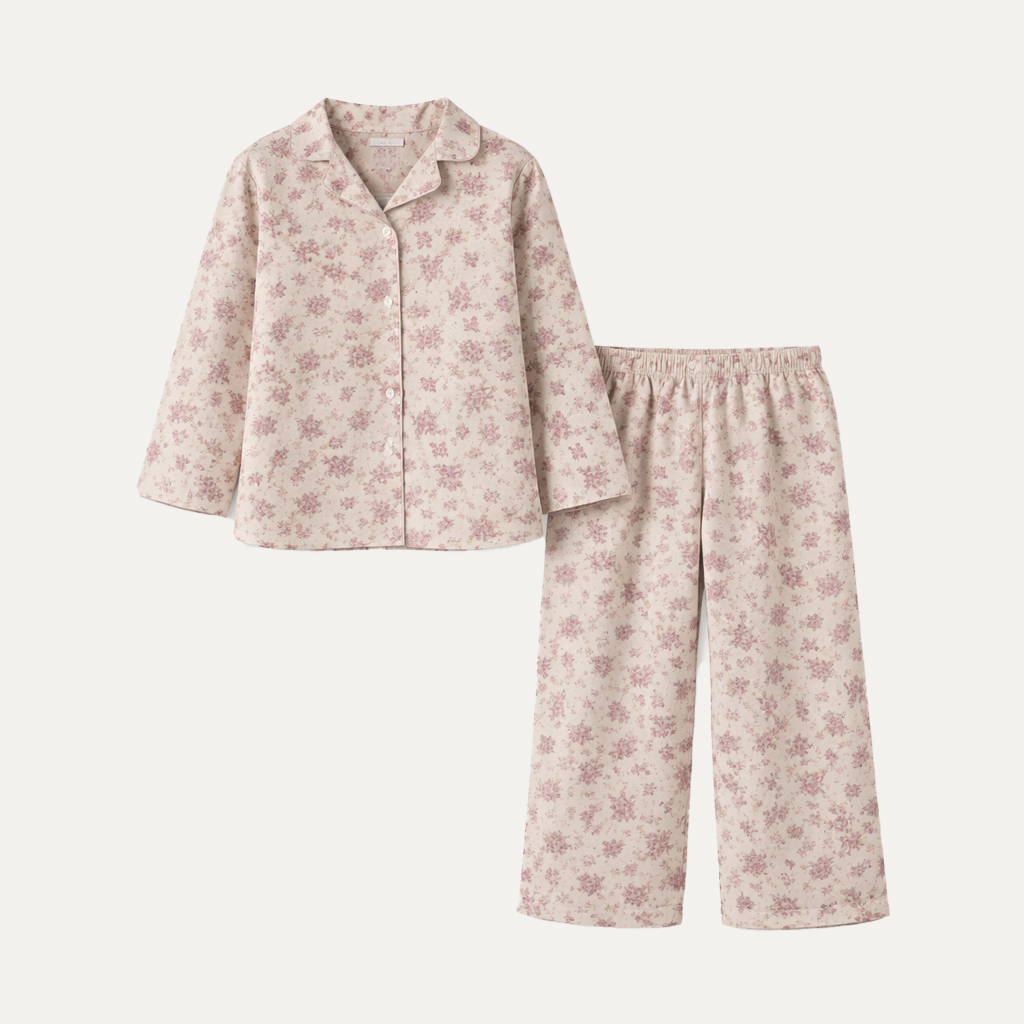 Cream Flowers Print Co-ord Ribbed Fabric Suit For Girls Secondary image
