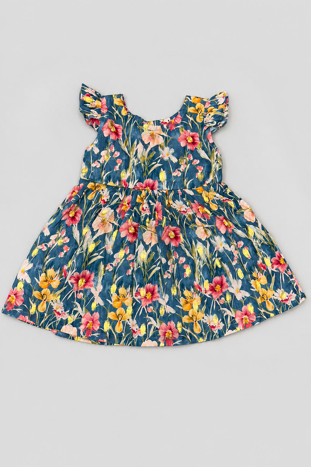 Blue With Pink Flowers Print With Hair Band Frock For Girls