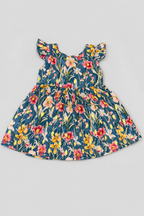 Blue With Pink Flowers Print With Hair Band Frock For Girls
