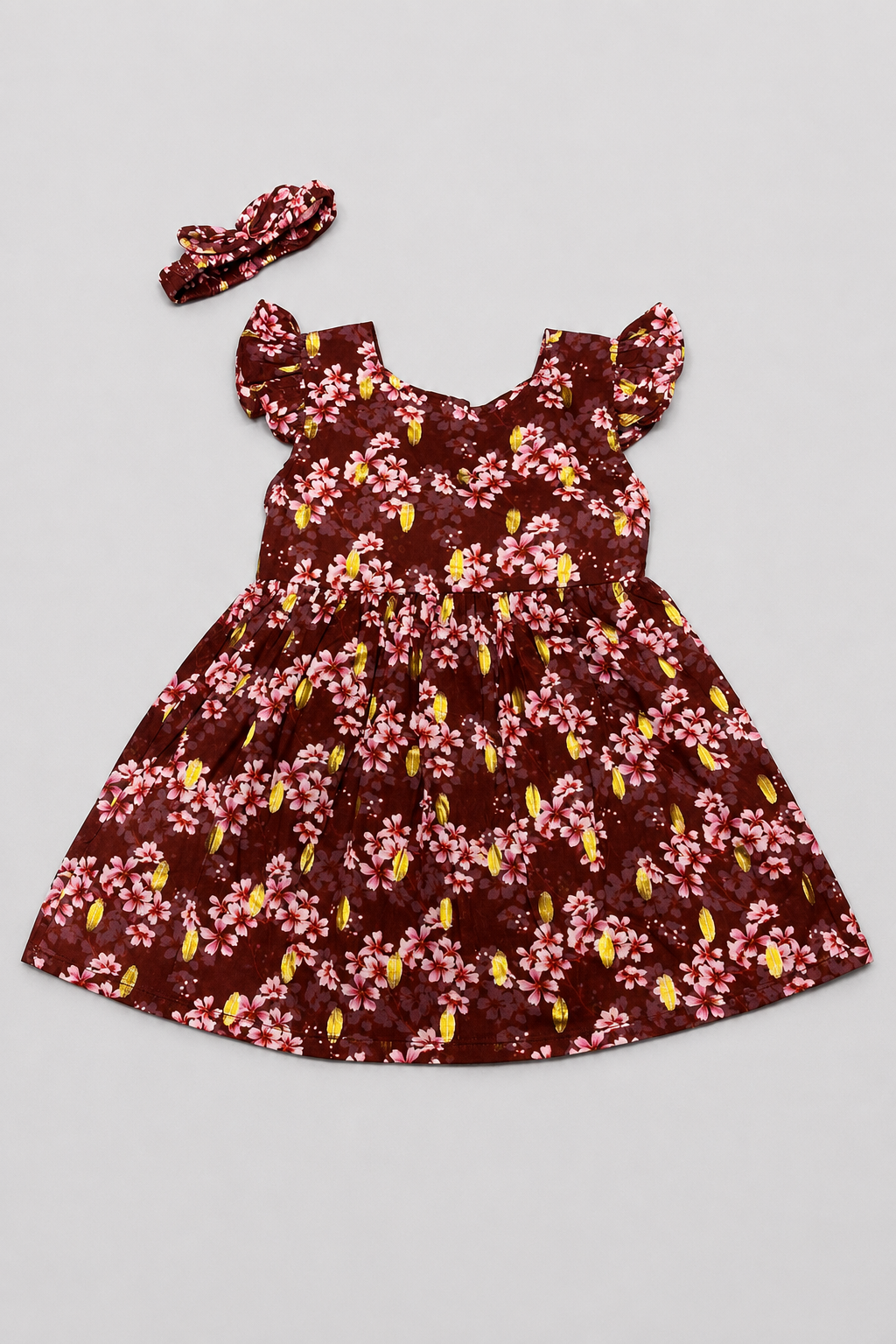 Brown Flowers Print With Hair Band Frock For Girls Secondary image