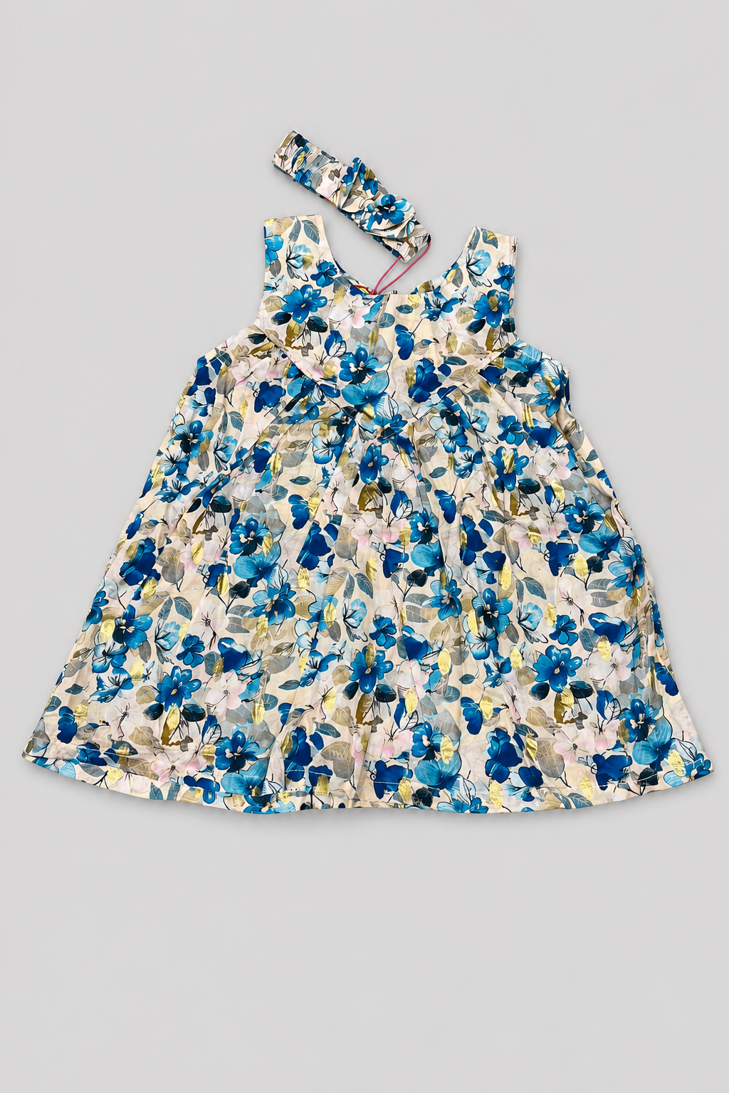 Cream With Blue Flowers Print With Hair Band Frock For Girls Main image