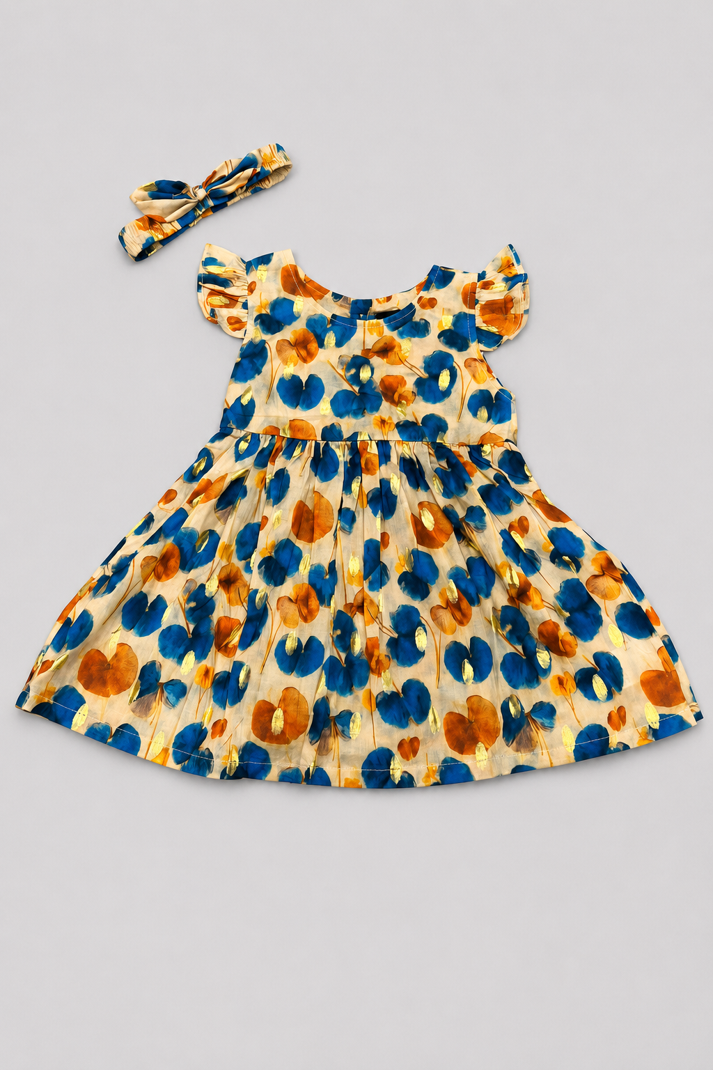 Beige Big Leaf Print With Hair Band Frock For Girls Secondary image