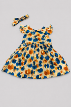 Beige Big Leaf Print With Hair Band Frock For Girls