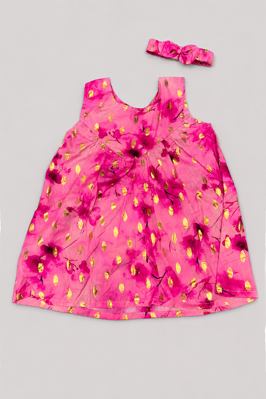 Pink Flowers Print With Hair Band Frock For Girls