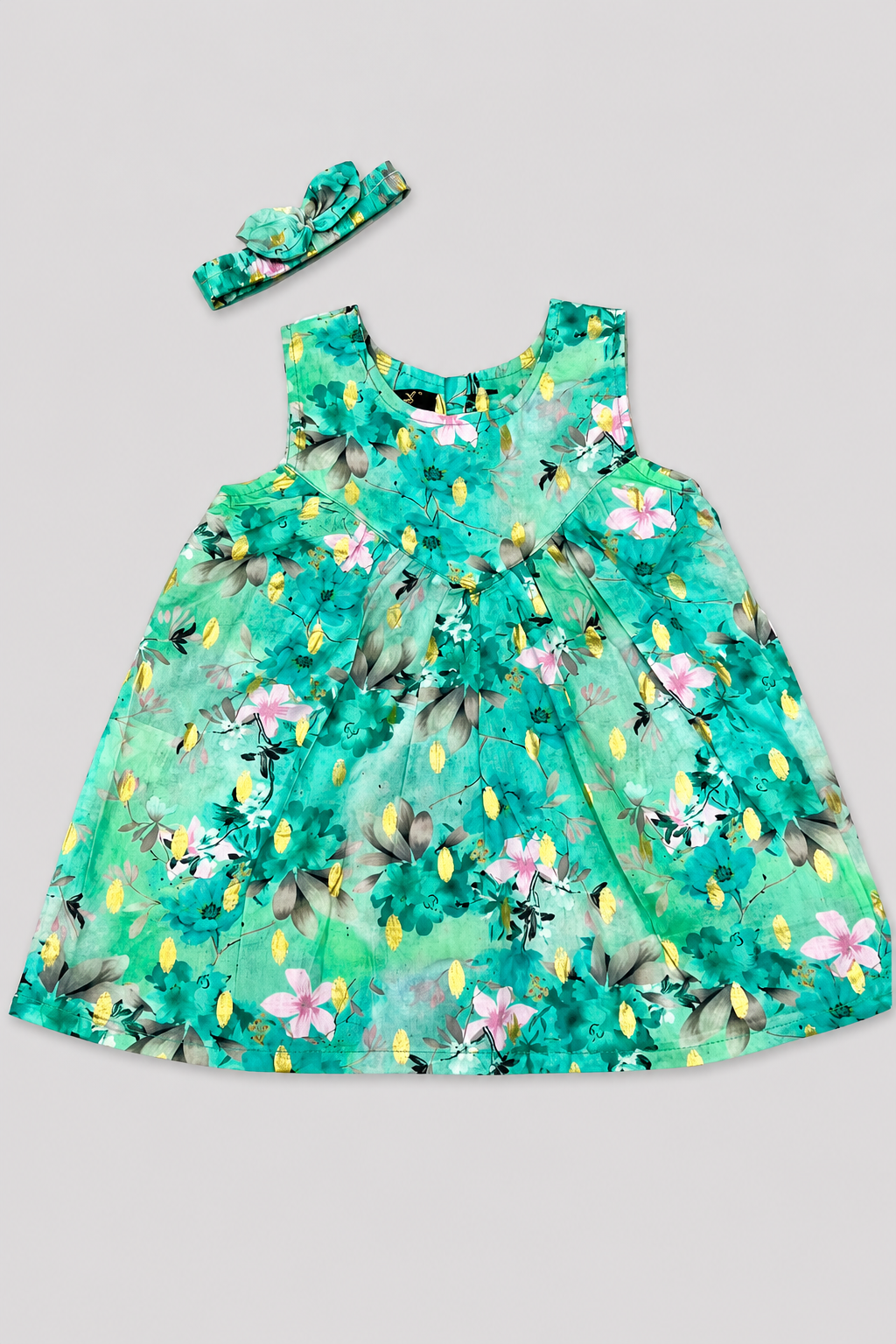 Sea Green Pink Flowers Print With Hair Band Frock For Girls Secondary image