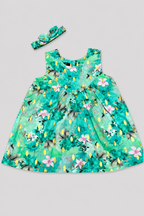 Sea Green Pink Flowers Print With Hair Band Frock For Girls