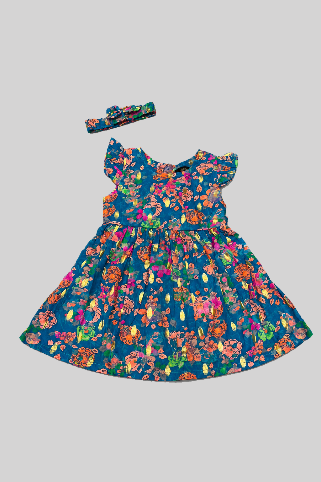 Blue With Orange Flowers Print With Hair Band Frock For Girls