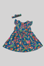 Blue With Orange Flowers Print With Hair Band Frock For Girls