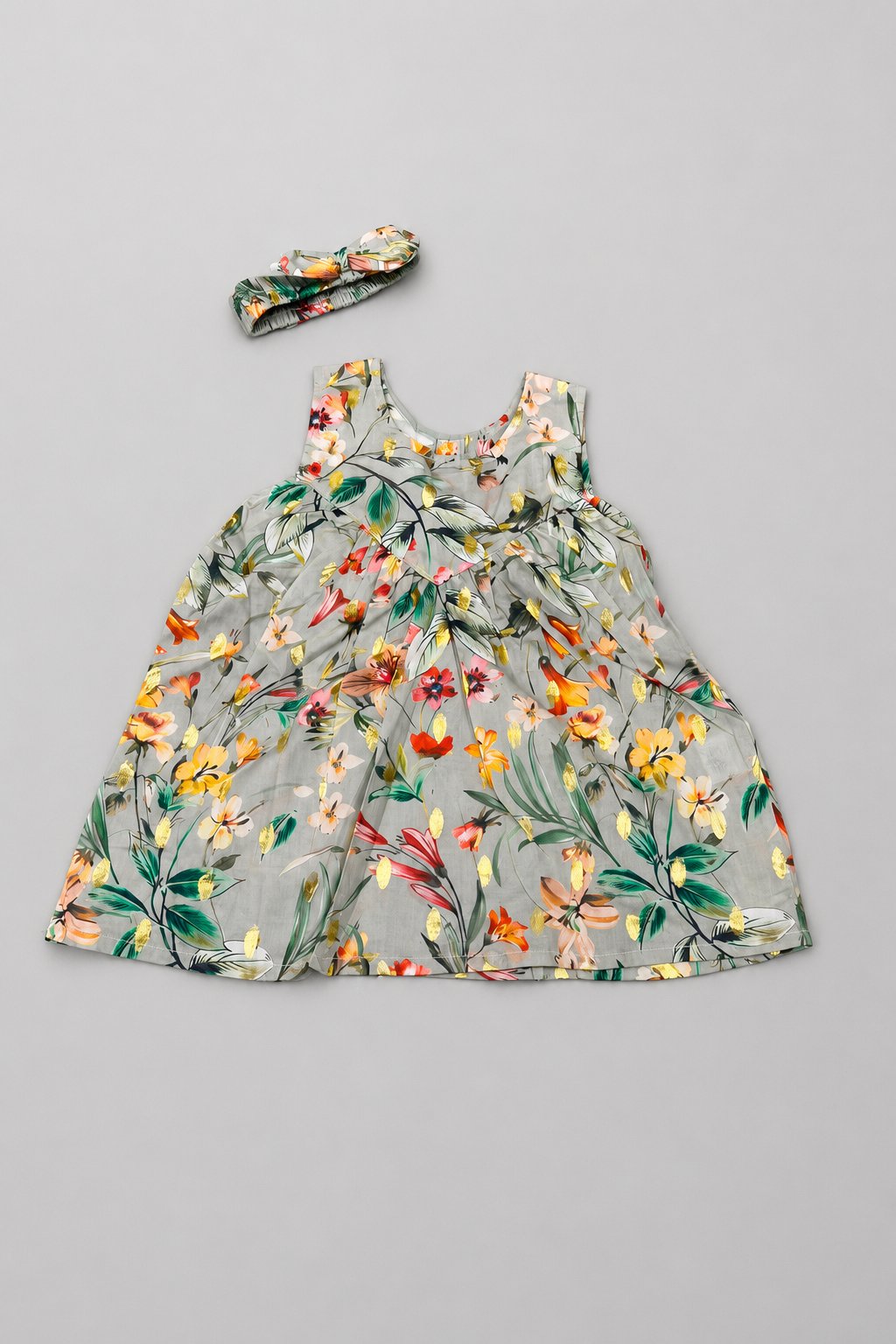 Grey Flowers Print With Hair Band Frock For Girls
