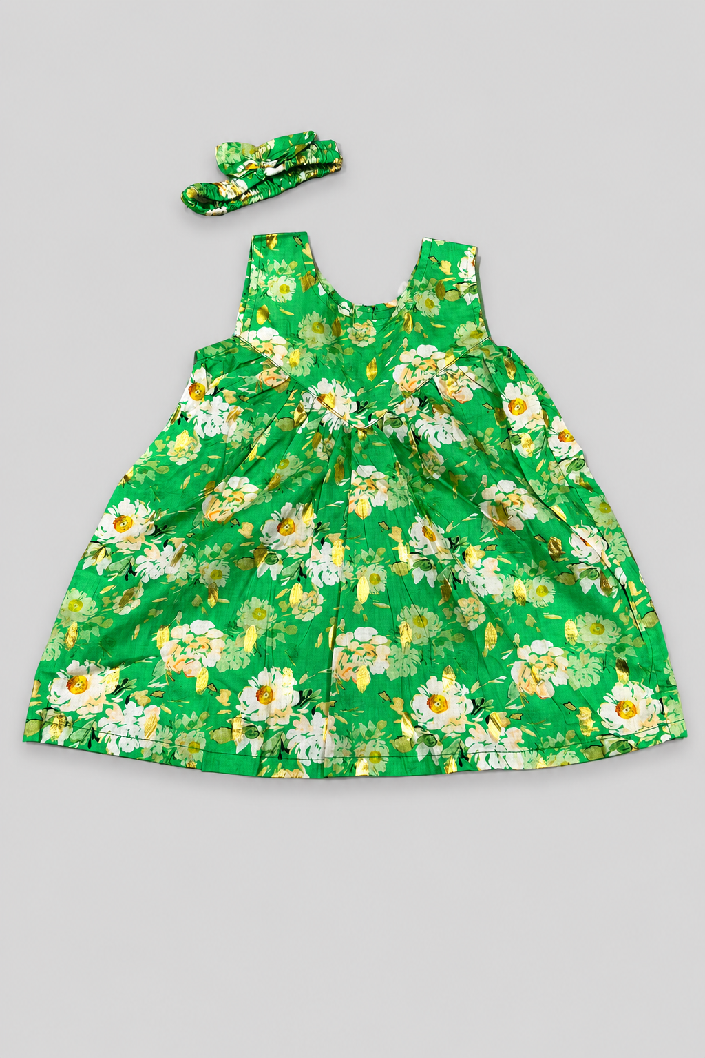 Green With White Flowers Print With Hair Band Frock For Girls