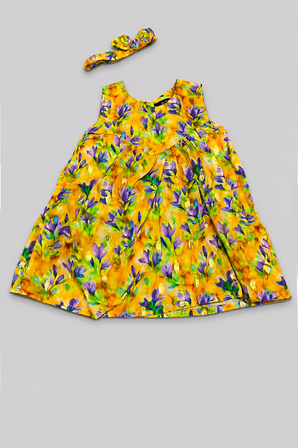 Yellow With Purple Flowers Print With Hair Band Frock For Girls Secondary image