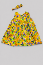 Yellow With Purple Flowers Print With Hair Band Frock For Girls