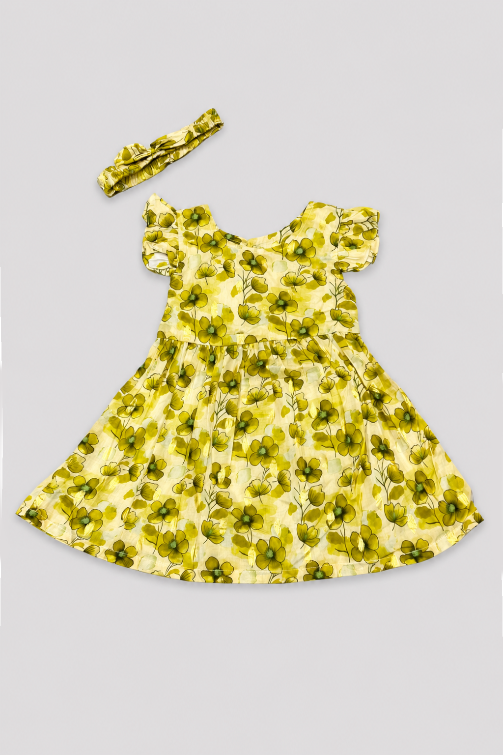 Green Flowers Print With Hair Band Frock For Girls