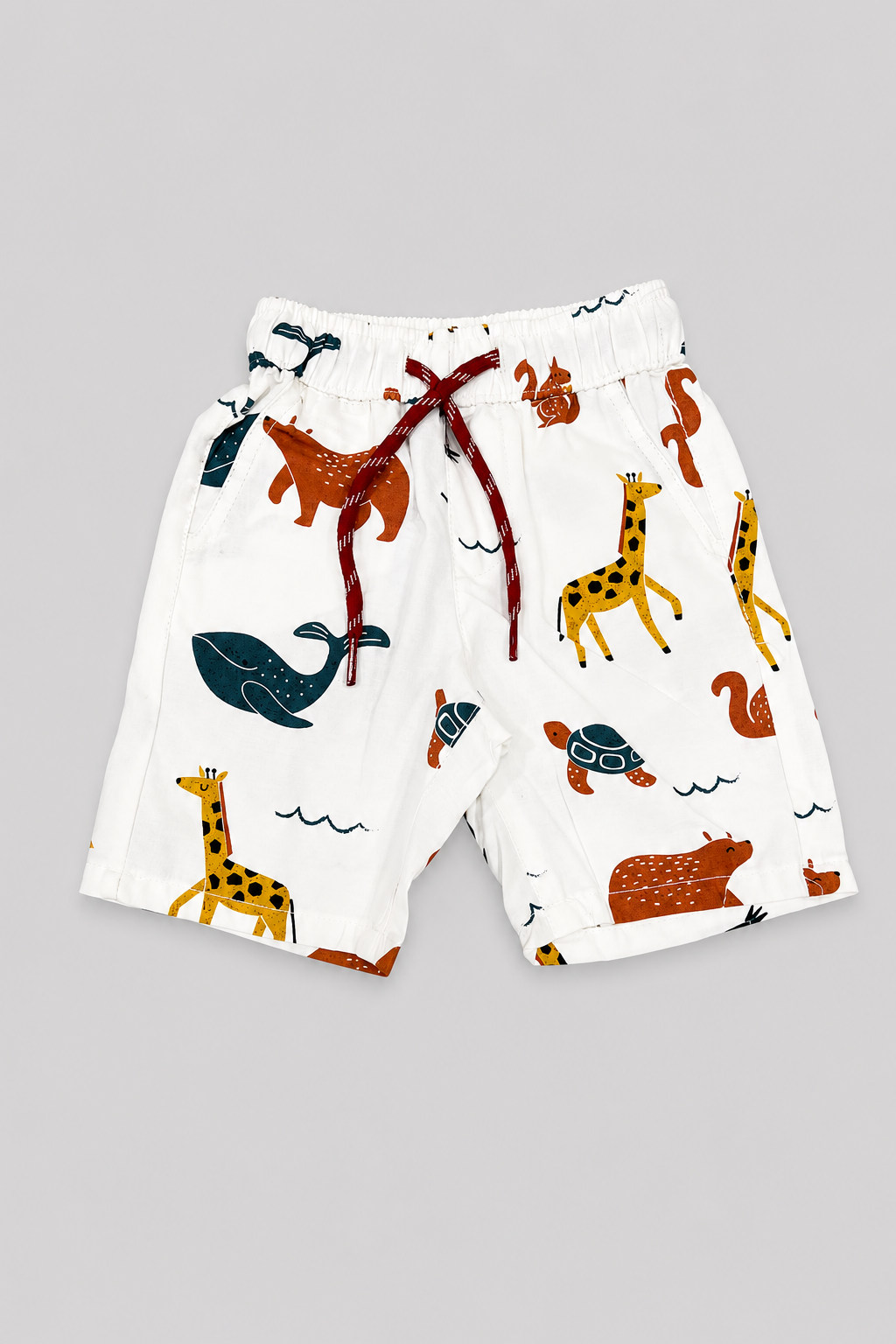 White Animals Print Cotton Fabric Shorts For Boys