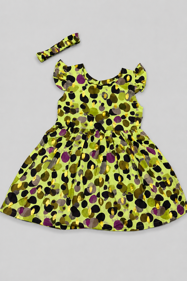 Green Polka Dots Print With Hair Band Frock For Girls