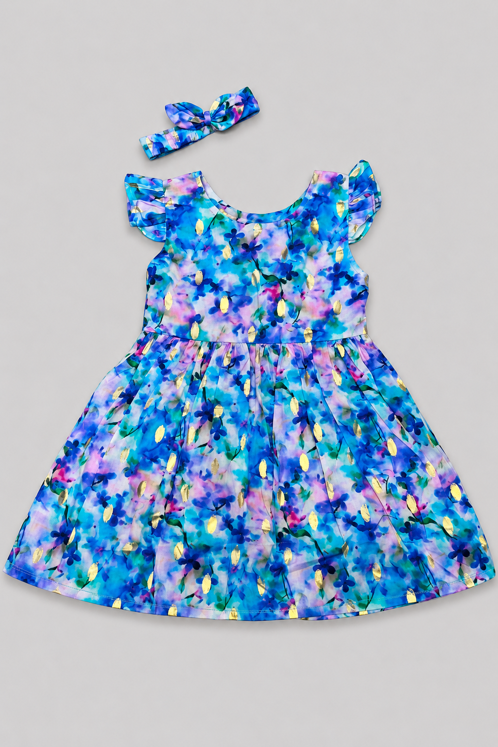 Blue & Pink Shade Flowers Print With Hair Band Frock For Girls