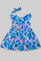 Blue & Pink Shade Flowers Print With Hair Band Frock For Girls