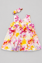 White With Pink Flowers Print With Hair Band Frock For Girls