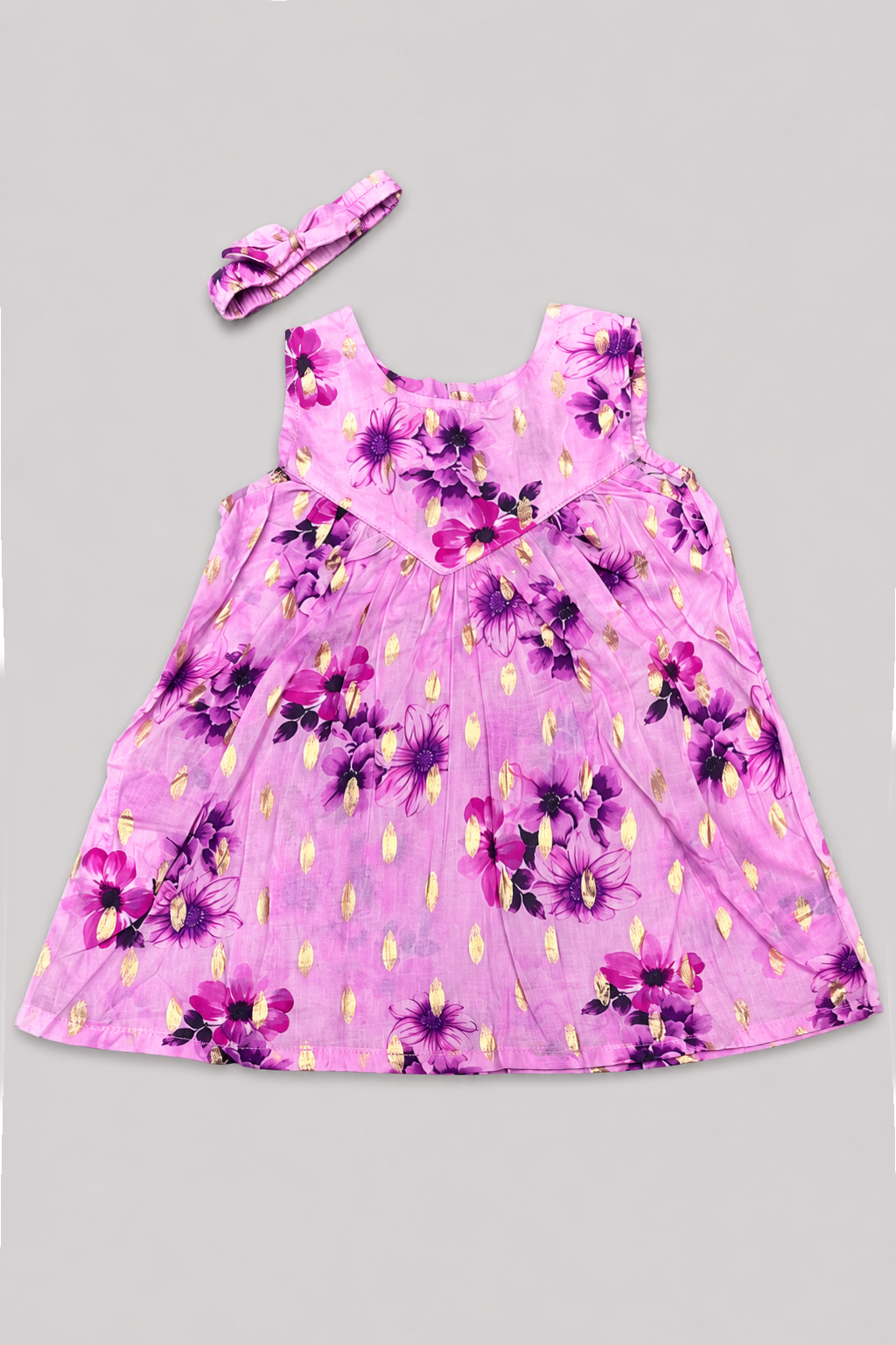 Purple Flowers Print With Hair Band Frock For Girls