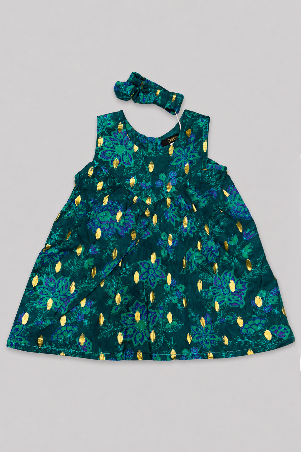 Turqouise Flowers Print With Hair Band Frock For Girls