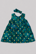 Turqouise Flowers Print With Hair Band Frock For Girls
