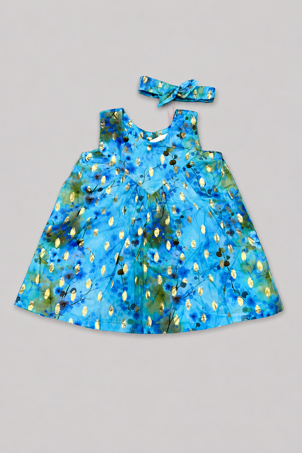 Blue & Golden Shade Flowers Print With Hair Band Frock For Girls Secondary image